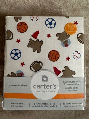 Carter's White Crib Sheet with Sports Balls & Bears 28 in / 52 in